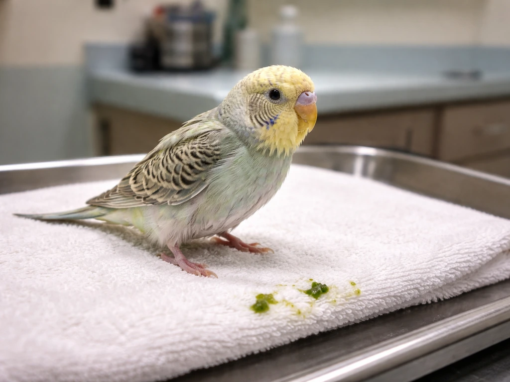 Close-up of a small pet bird on a clinic tray with watery droppings and signs of emaciation.