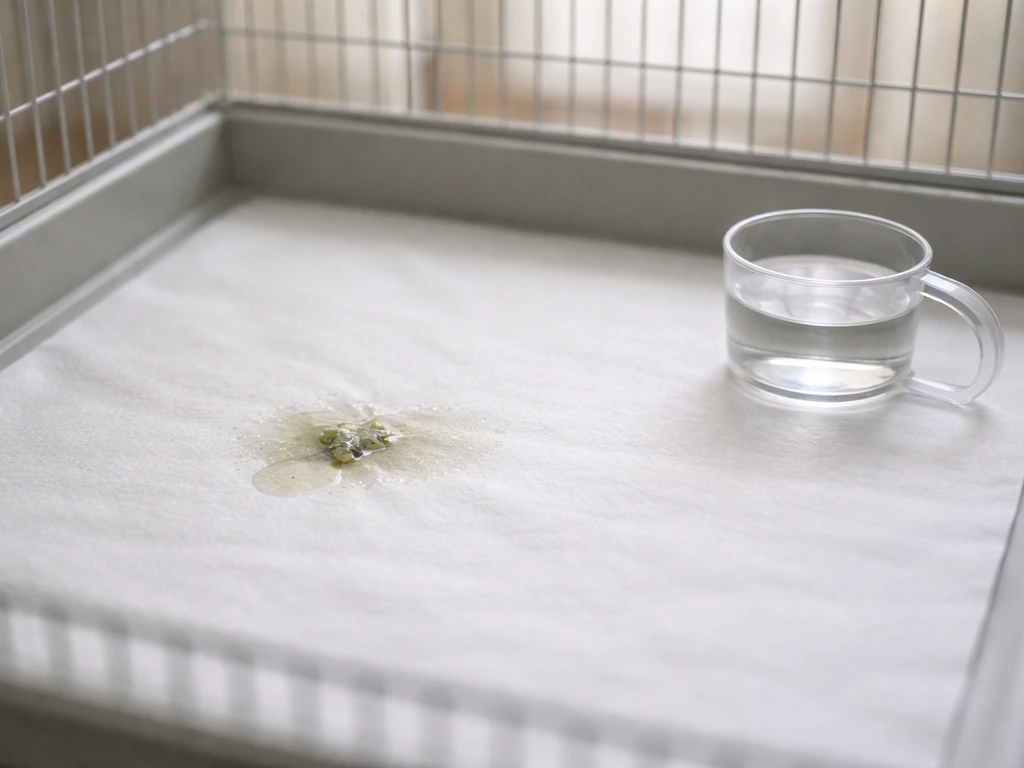 Minimal home bird monitoring setup: clean cage paper with watery droppings and a measured water bowl.