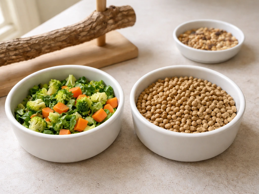 Fresh veggie and measured low-sugar pellets in bowls for a parrot diet, with seed-heavy foods set aside.