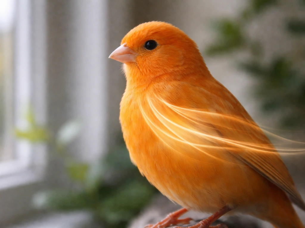 Close-up of a canary near a window with subtle glowing airflow lines suggesting unidirectional breathing.
