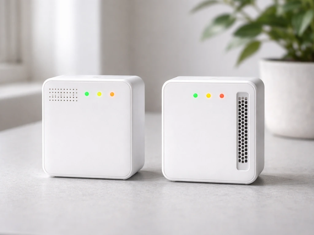 Two consumer air quality monitor devices side-by-side highlighting PM2.5 and VOC capability