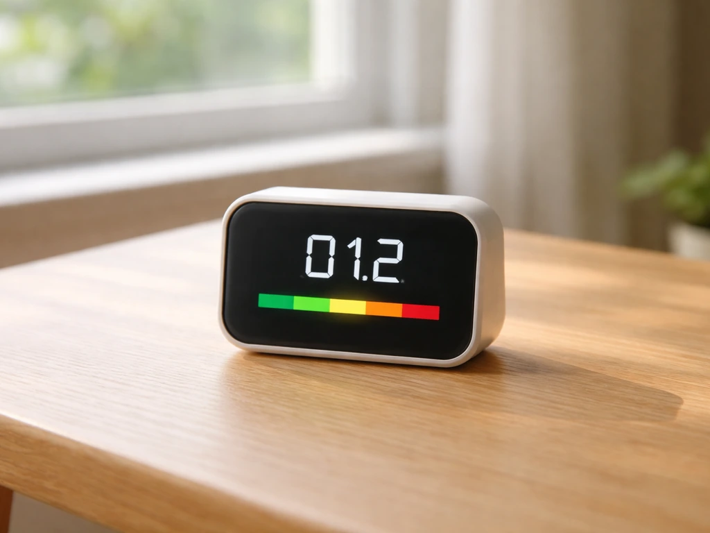 Close-up of an indoor air quality monitor screen with color-coded safe/caution thresholds for PM2.5