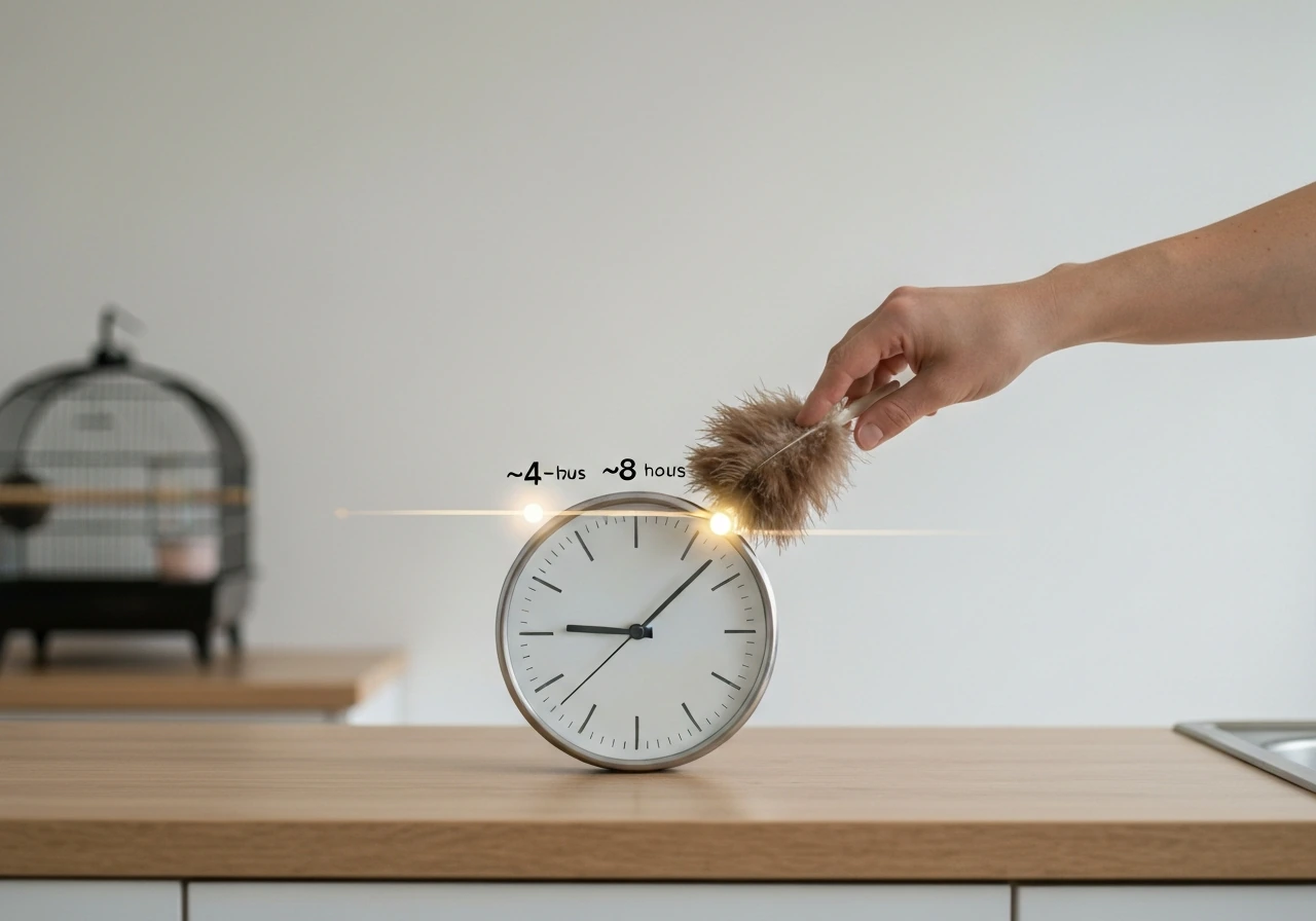 Minimal photo of a hand holding a feather duster next to a simple timeline-style clock on a kitchen counter
