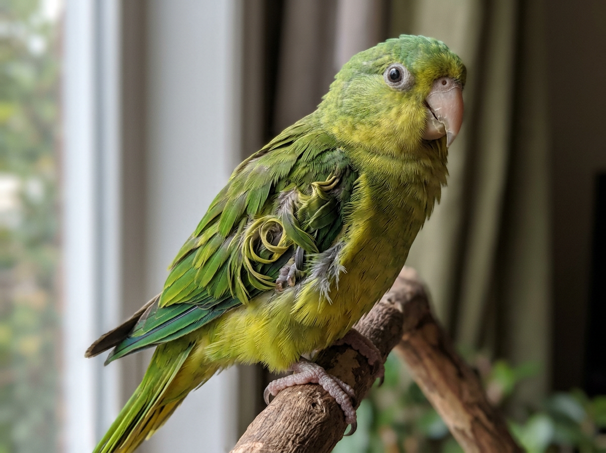 Parrot showing twisted, curled, stunted feathers on body and wing