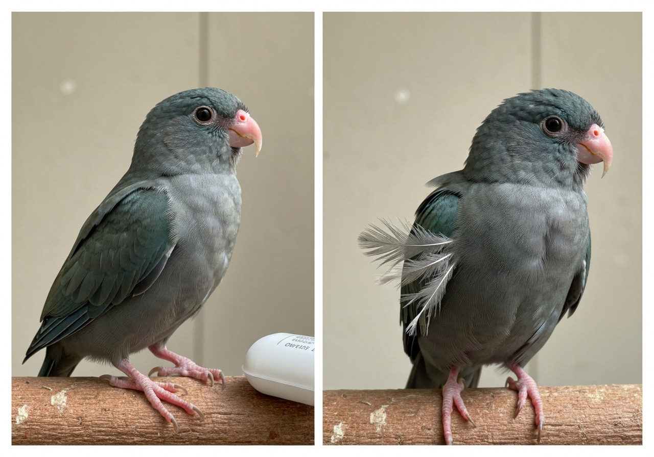 Side-by-side: healthy bird feather growth vs PBFD-like feather stunting