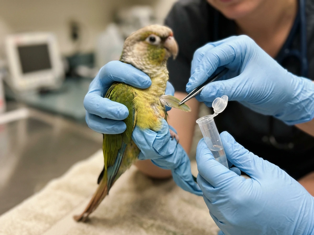 Avian vet collecting feather sample for PCR test