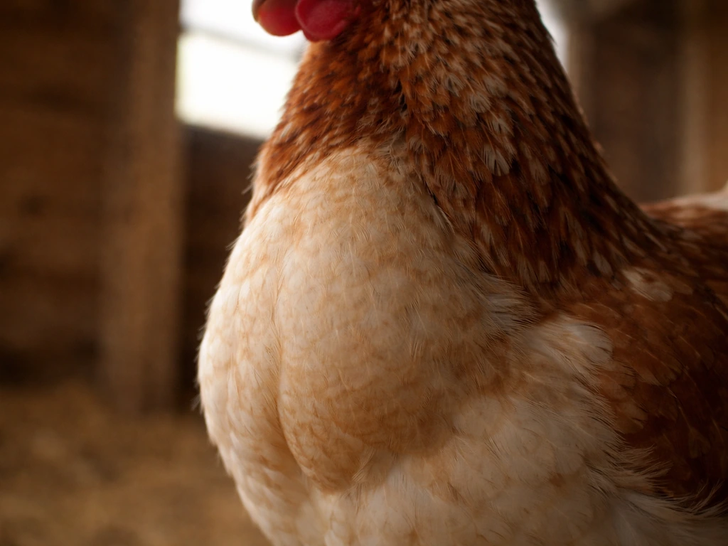Side view of a calm bird’s lower throat showing the neck pouch area in a softly blurred barn setting.
