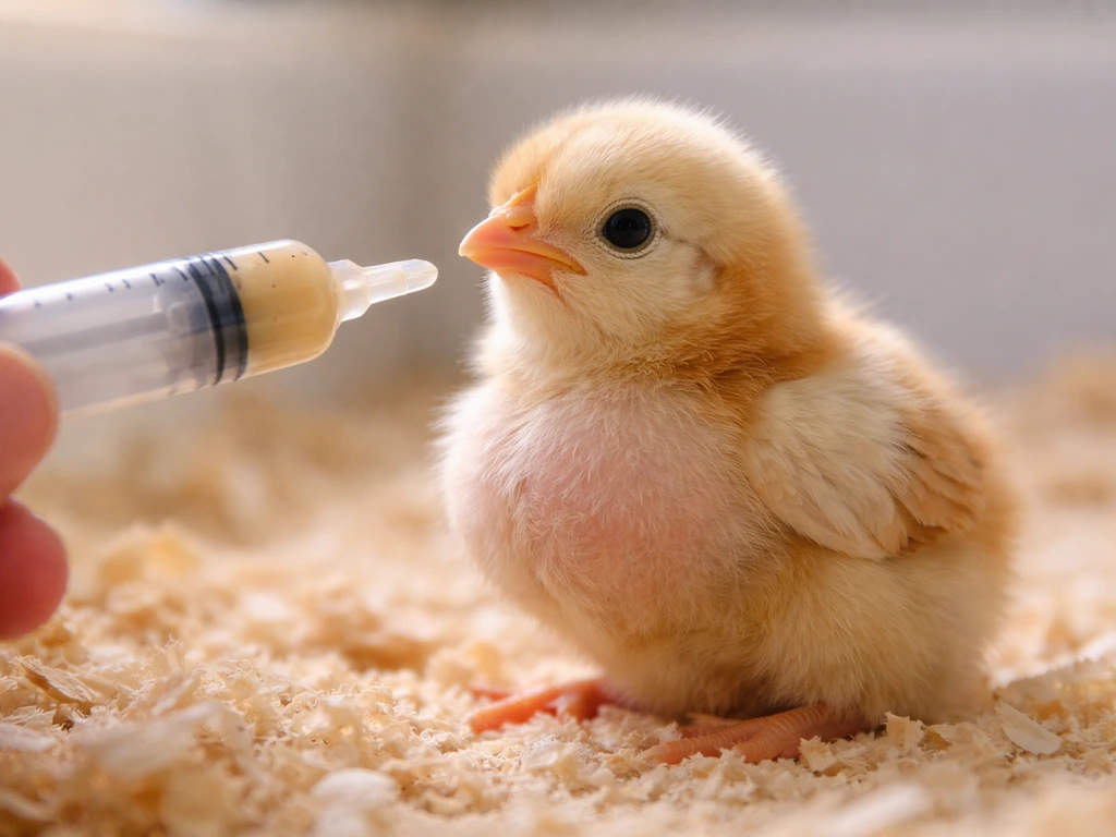 A close-up of a small hand-fed chick in a clean brooder, with a slightly distended crop area.