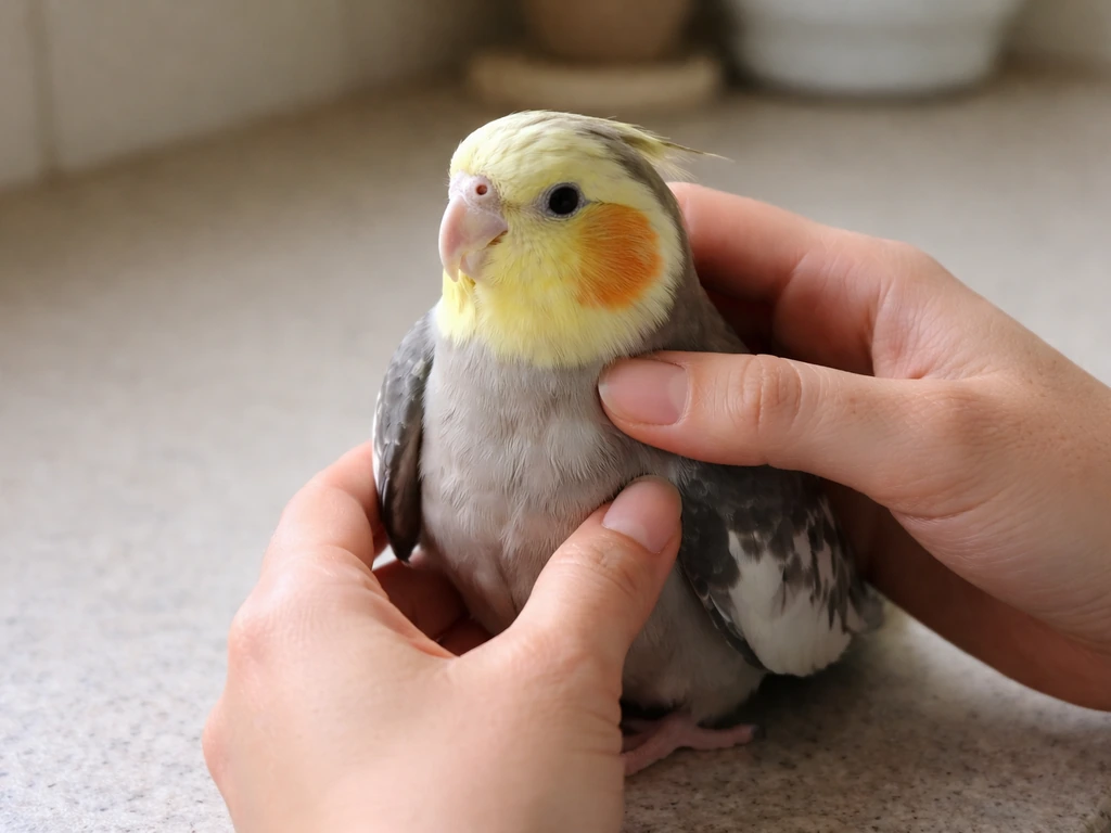 Hands gently feeling the base of a pet bird’s neck/crop area on a plain counter.