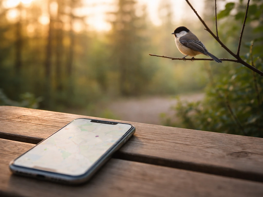 Close-up of a phone showing wildlife checklist and a small bird outside, symbolizing local outbreak checking