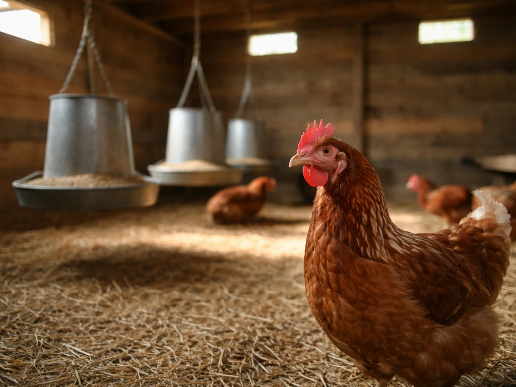 Inside a quiet wooden chicken coop, one alert bird in the foreground with straw bedding and soft daylight.