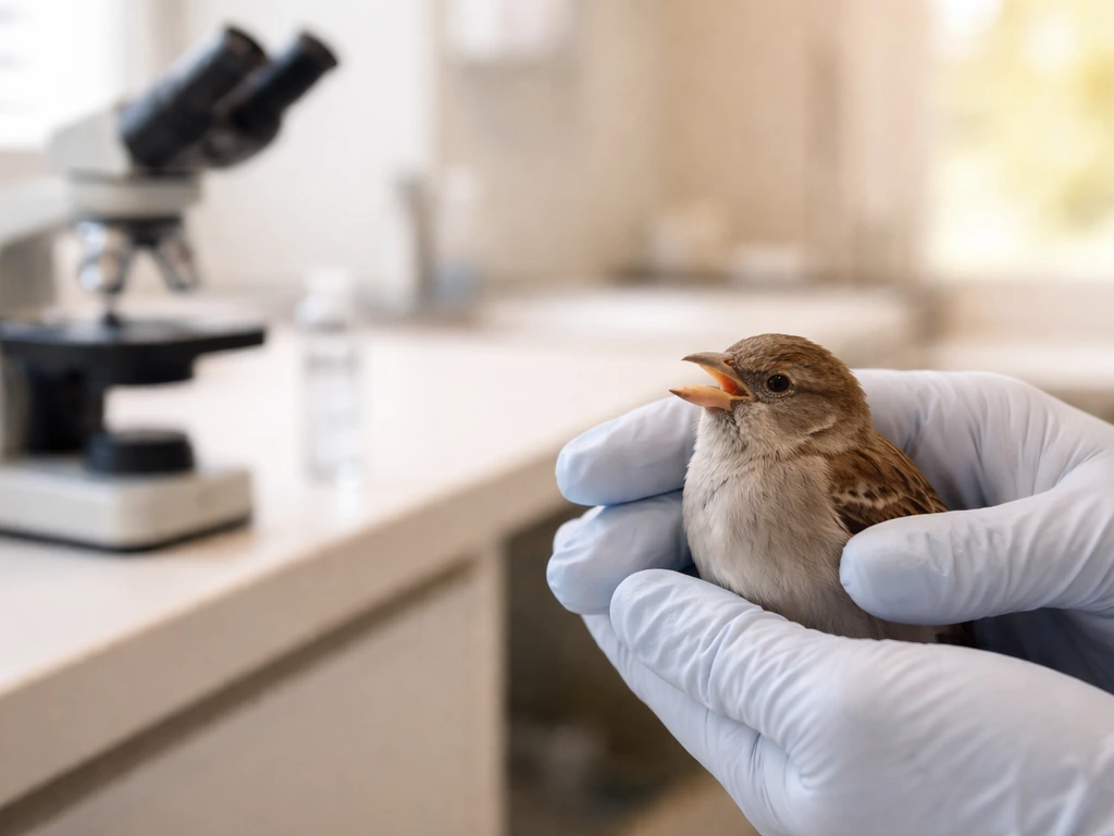 Gloved hands holding a small bird in an exam room with a microscope on a desk in the background.