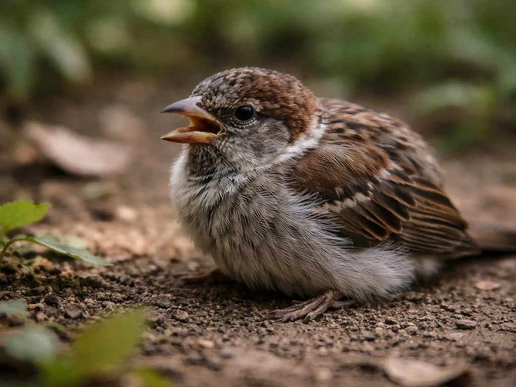 Close-up of a small bird hunched and breathing with open beak, suggesting urgent bird symptoms