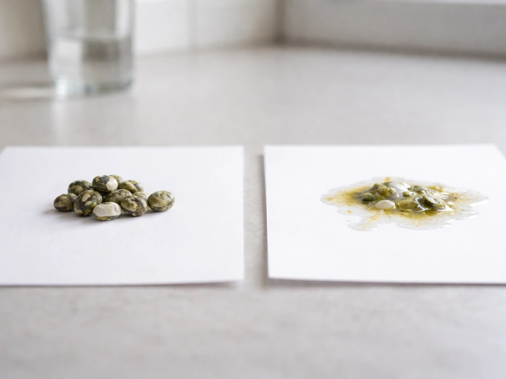 Two small piles of bird droppings on clean paper, showing normal versus watery/loose texture under natural light.