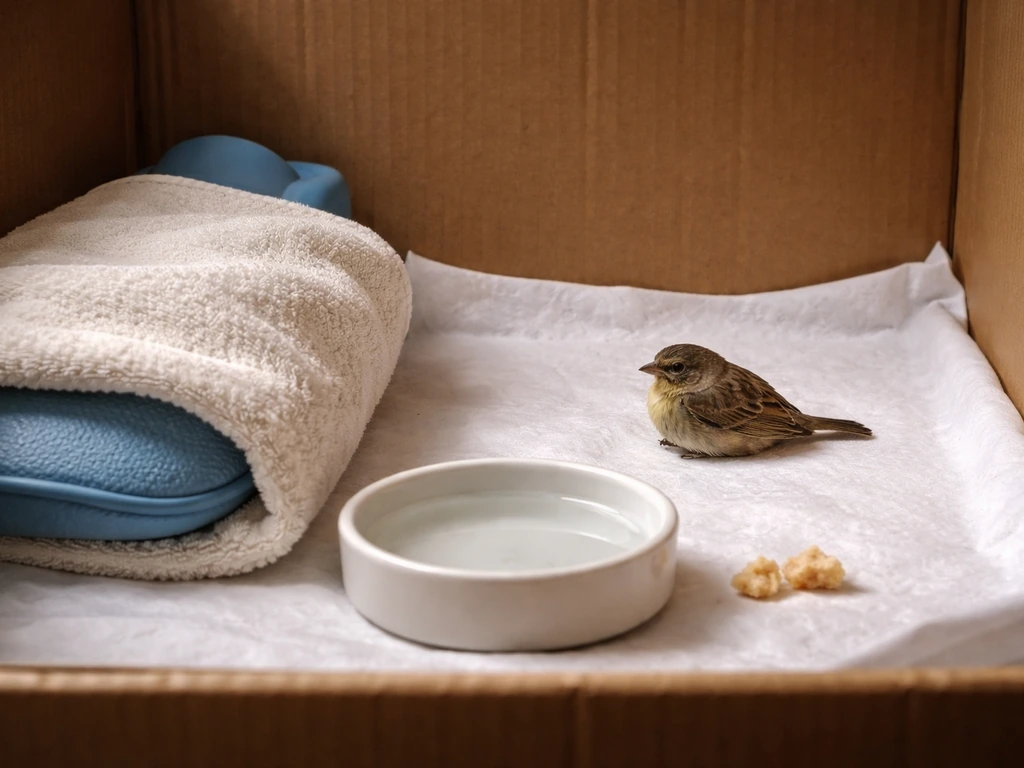 Small bird resting in a warm, quiet enclosure with water and nearby food for safe supportive care.