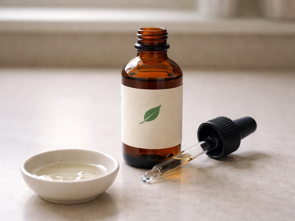 Close-up of a generic green herbal tincture bottle beside a small dropper on a kitchen counter