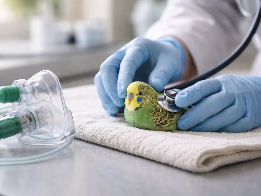 Small bird on an avian vet exam table during an urgent breathing assessment with a stethoscope and oxygen setup.