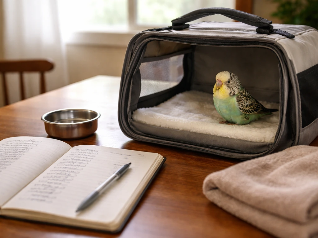 Pet bird recovery carrier on a table with a symptom log and time stamps for home monitoring