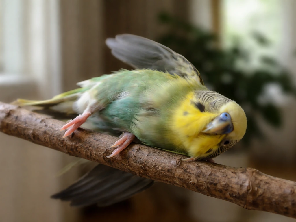 Small bird collapsed from a branch, body stiffening with jerky, unbalanced movements.