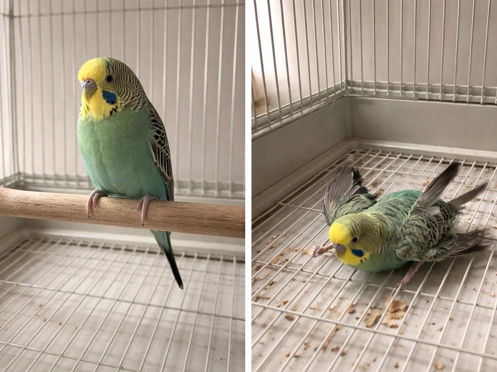 Two realistic photos side-by-side: a pet bird on a perch, then a sudden seizure posture on the cage floor.