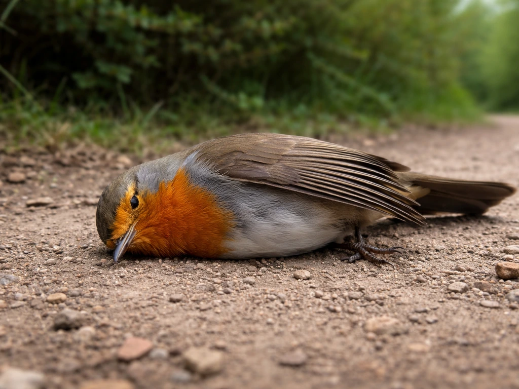 Adult wild bird lying on the ground on its side outdoors, appearing unresponsive after a seizure.
