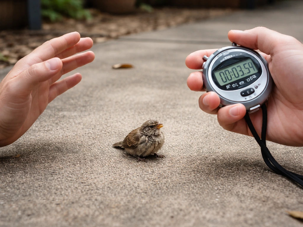 Person holds a stopwatch and keeps hands back while monitoring a bird seizure from a safe distance.