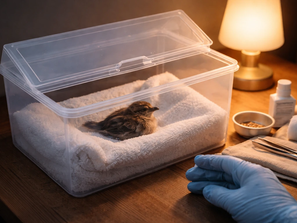 Small injured bird in a lined recovery container under gentle warmth, calm and safe first-aid scene.