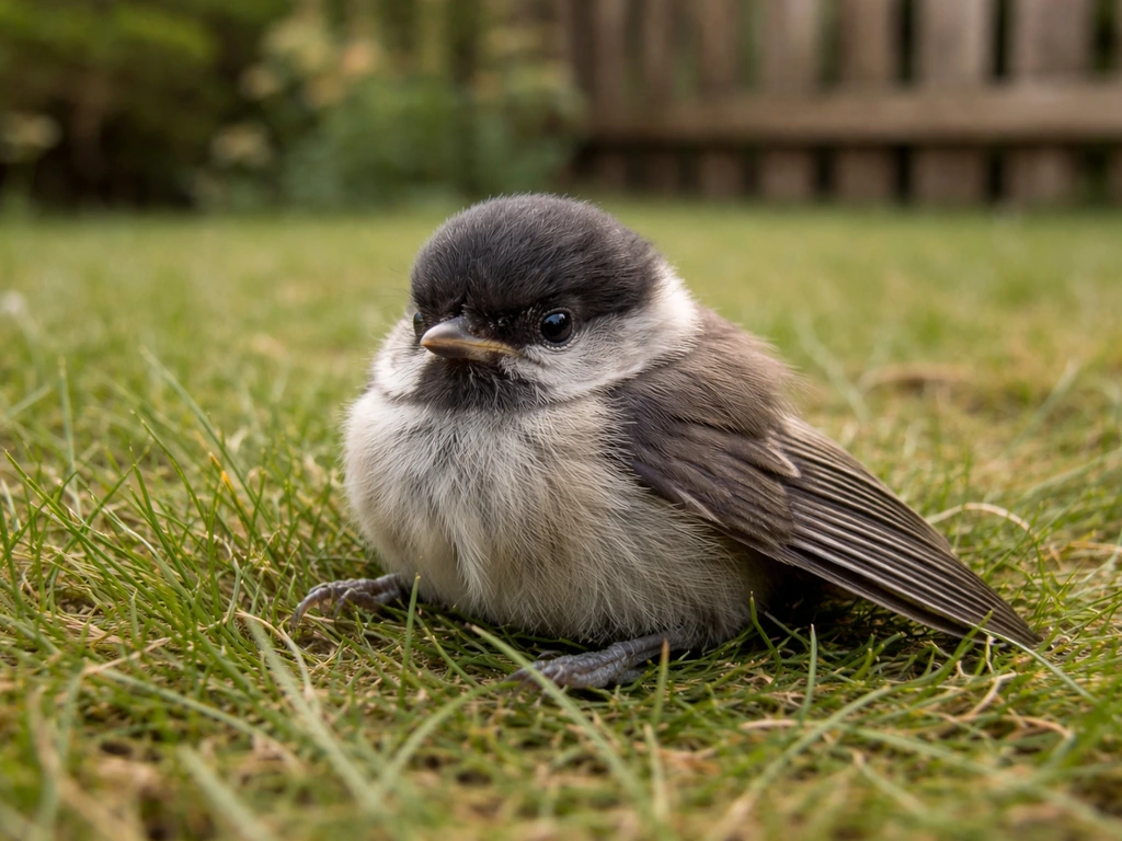 Small bird resting on grass outdoors after a mishap, with a blurred garden fence background.