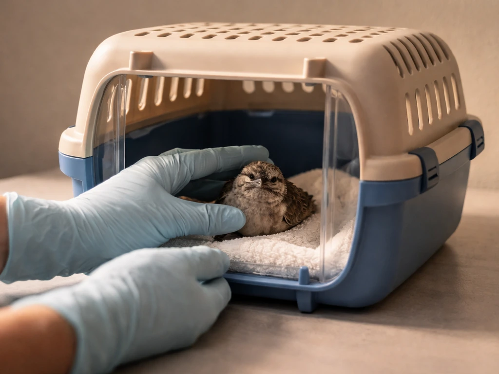 Rescuer’s hands gently place an injured bird into a small ventilated carrier in a quiet room