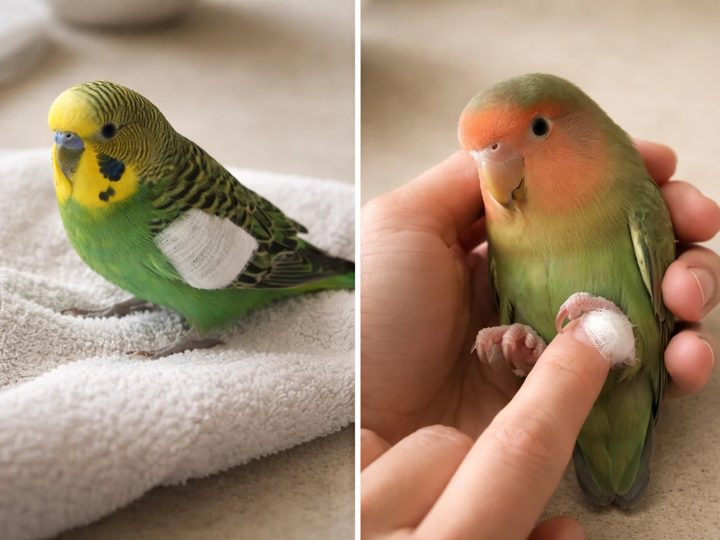 Small pet birds on a towel showing two distinct safe injury scenarios: wing bandage vs foot/leg wrap.