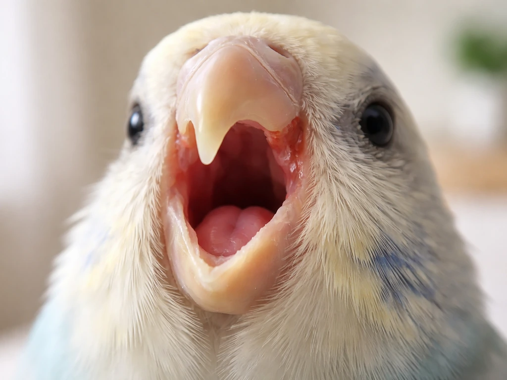 Close-up of a small bird’s beak and mouth showing subtle healthy vs concerning redness.