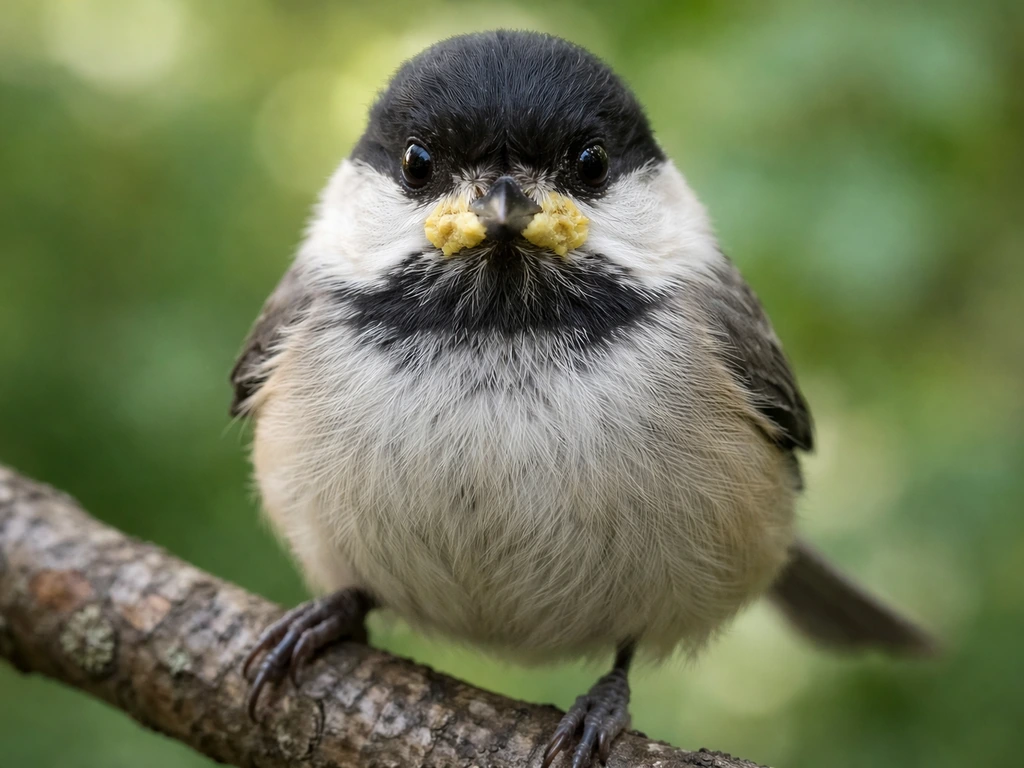 Close-up of a small wild bird with yellow-white cheese-like plaques around the beak and upper mouth