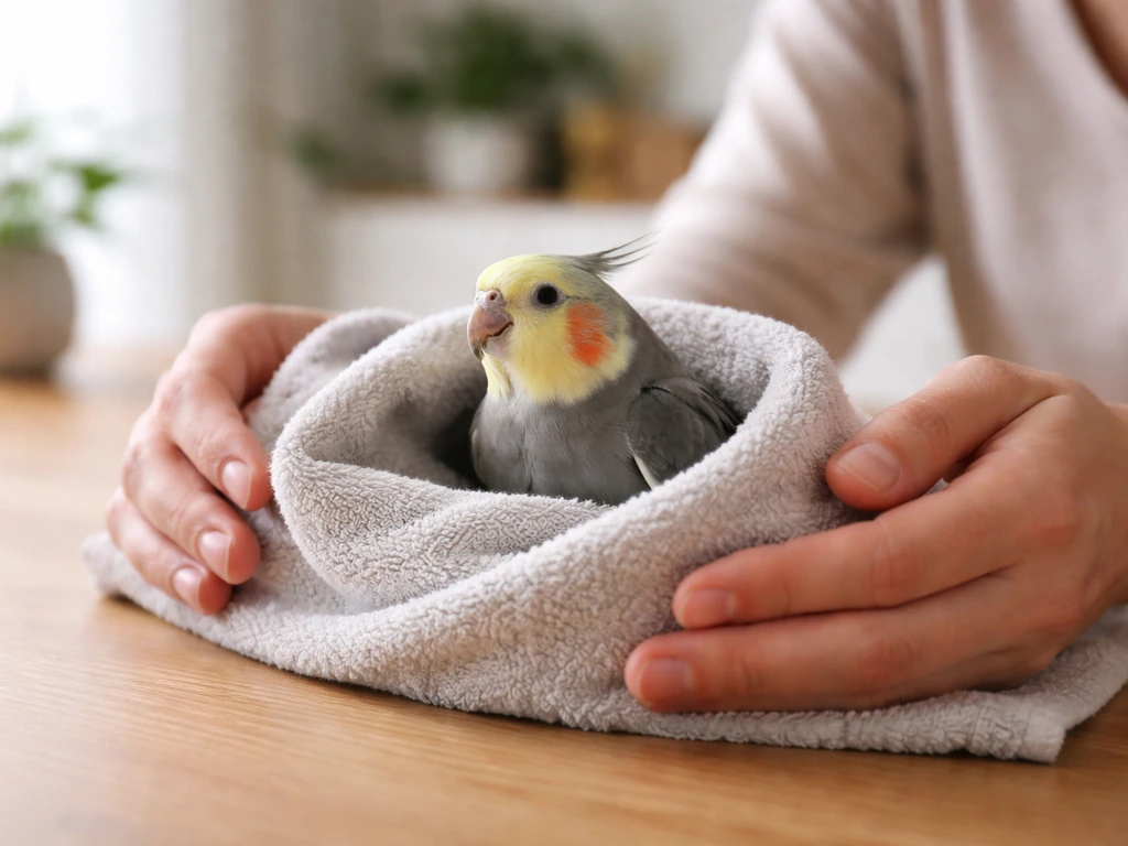 Caregiver gently observing a small bird’s breathing posture—beak slightly open and tail bobbing.