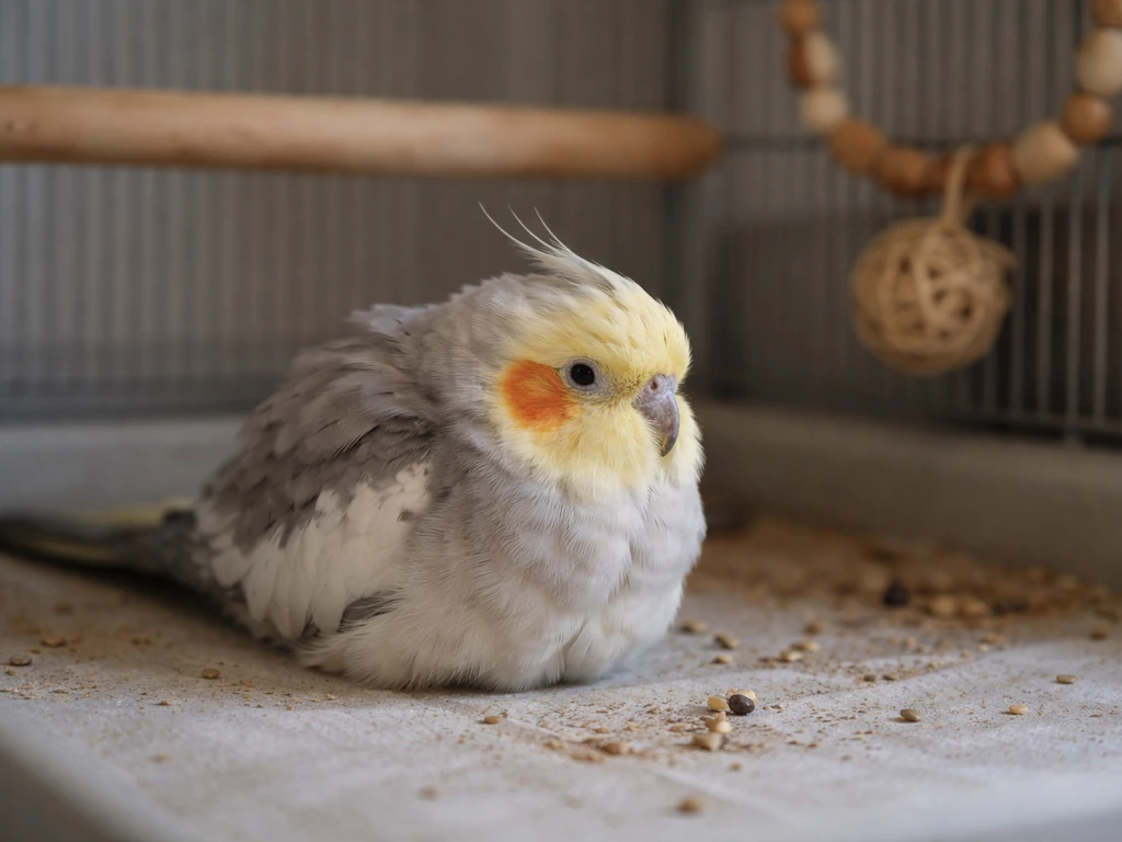 Cockatiel fluffed up and sitting low on the cage floor, looking unwell in a quiet indoor setting.