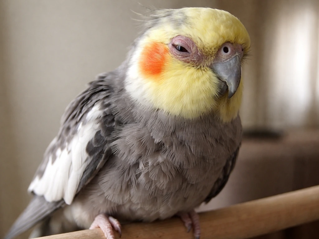 Cockatiel with ruffled/broken feathers and one eye partially closed, on a simple indoor perch.