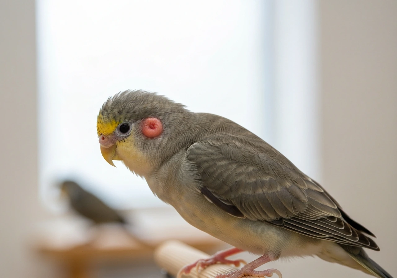 Small bird on a perch in side profile, head tilted with visible ear-area irritation cues.