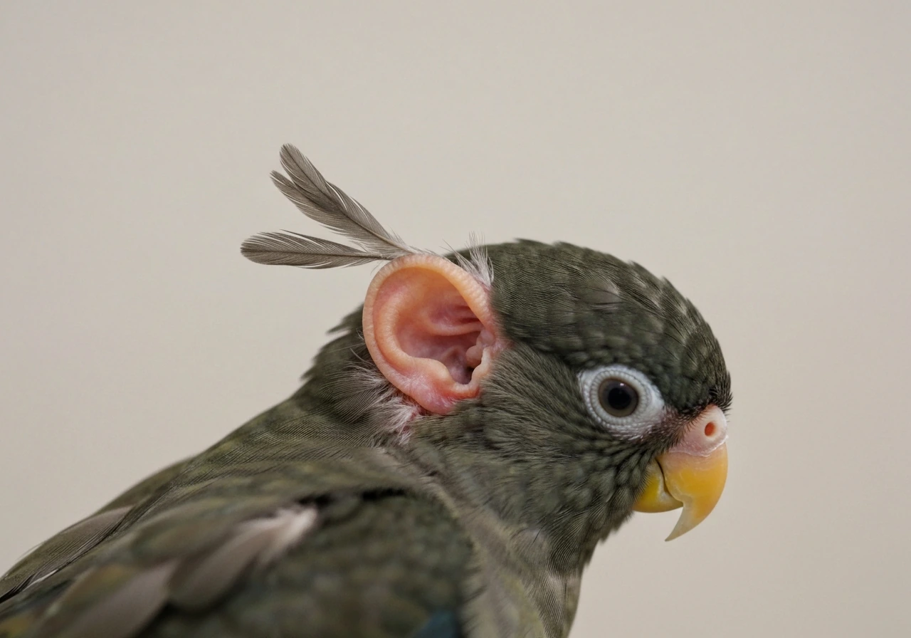 Close-up of a bird’s ear area behind the eye with ruffled feathers and mild swelling.