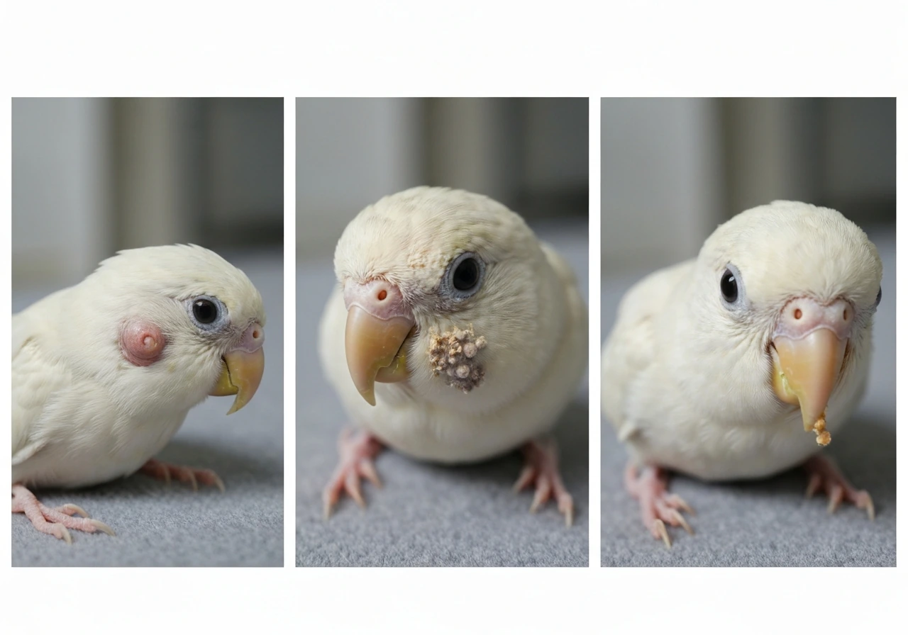 Three-panel photo-style comparison of a pet bird’s skin issues: ear-area discharge, scaly face, and eye/nose swelling.