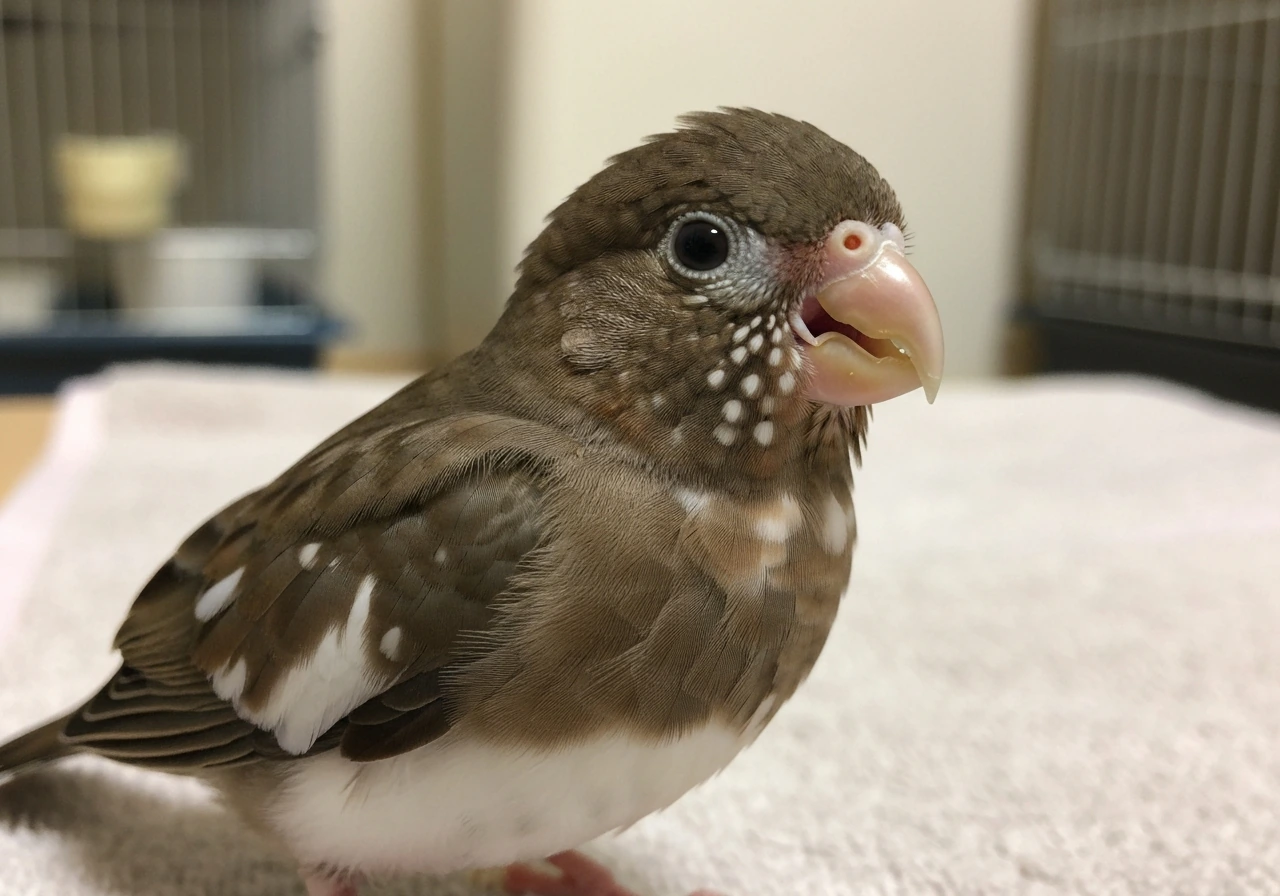 Close-up of a small bird with mild eye puffiness and visible nasal wetness suggesting URI.