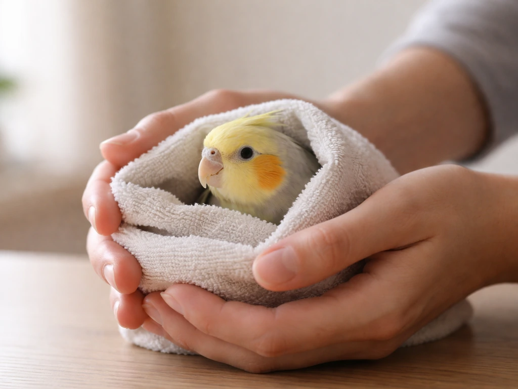 Caregiver gently holding a calm pet bird in soft natural light for an at-home visual check.