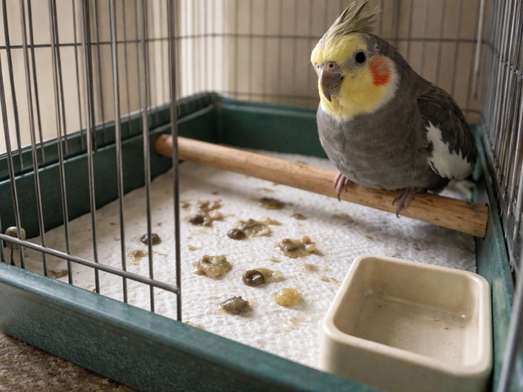 Close-up of a small pet bird in a cage with varied droppings visible on the tray and an empty corner.