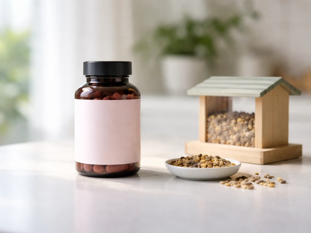 Supplement bottle beside a small bird feeder and seeds on a simple countertop