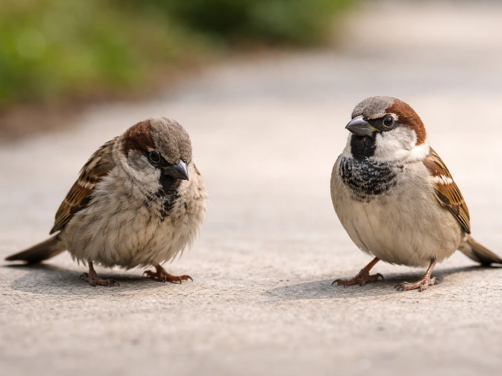 Two small birds in separate simple settings showing thin, low-energy posture versus more normal posture.
