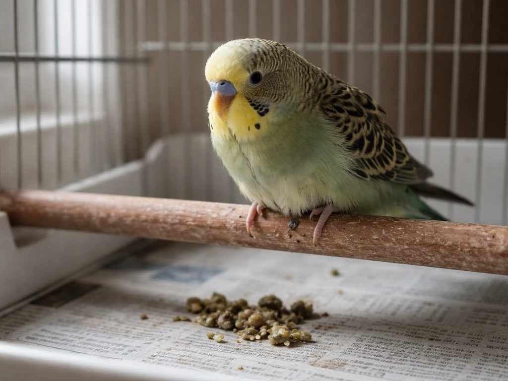 Small pet bird perched low with fluffed feathers; droppings tray visible under the perch.