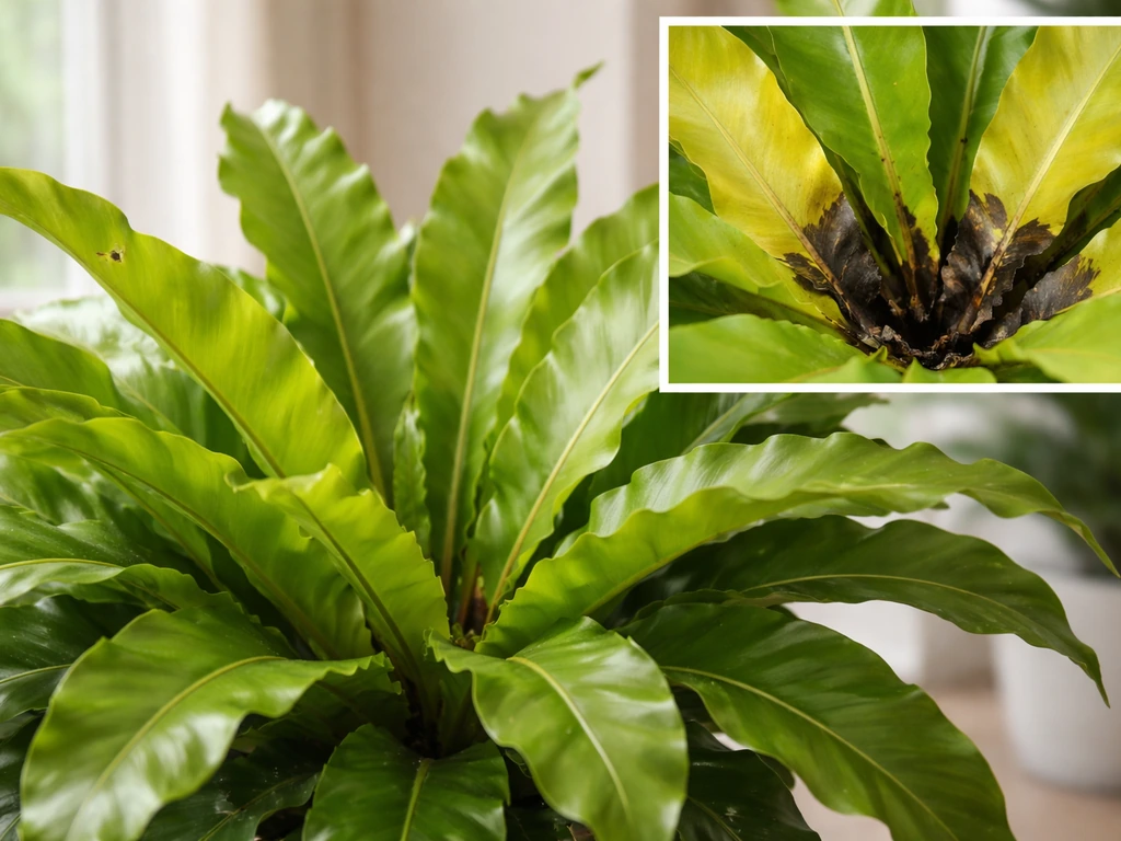 Healthy bird nest fern foreground with inset of yellow and black mushy frond spots