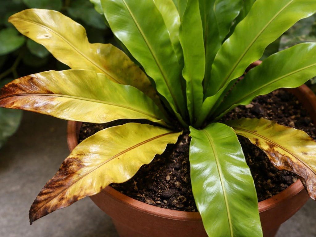Close-up of bird nest fern fronds with early yellowing and browned, crispy tips.
