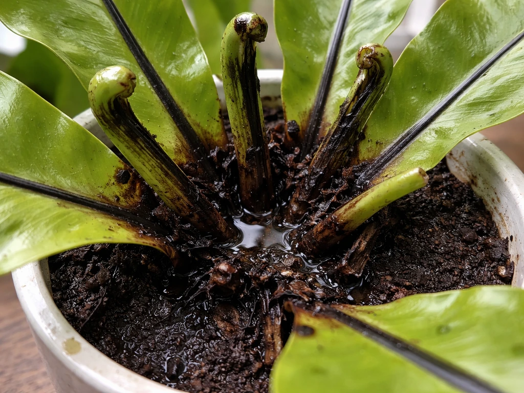 Close-up of a bird nest fern with black, mushy fronds around a waterlogged rotting crown.