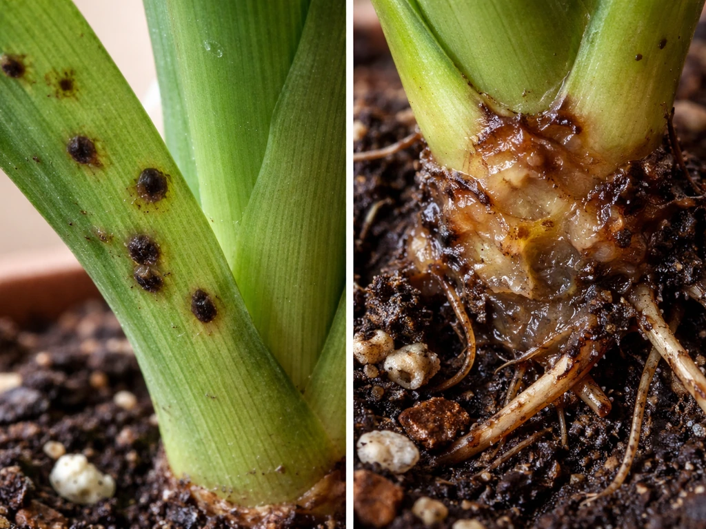 Macro view of a plant crown showing firm dark spots versus soft mushy rot textures near roots.