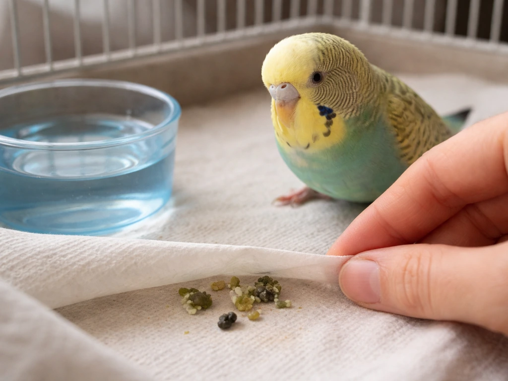 Close-up of a small pet bird near the cage liner as someone gently checks droppings by the water area