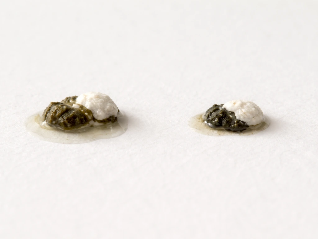 Close-up of two anonymous bird droppings on white paper: one healthy three-part, one constipated altered fecal portion.